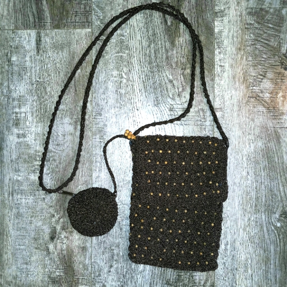 The Limited dark brown crochet crossbody bag with attached coin purse